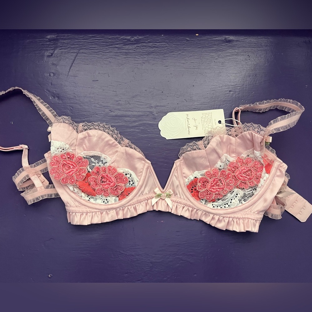 NWT For Love & Lemons S Sylvie Underwire Bra Embroidery Floral Satin Bow